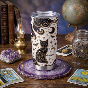 Mystical Black Cat Personalized Tumbler - Custom Faux Pearl Mosaic Gothic Travel Mug