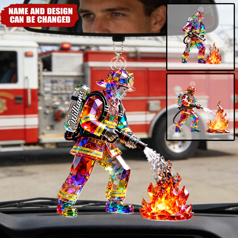 Firefighter Figurine Stained Glass Crystal Effect - Personalized Car Hanger