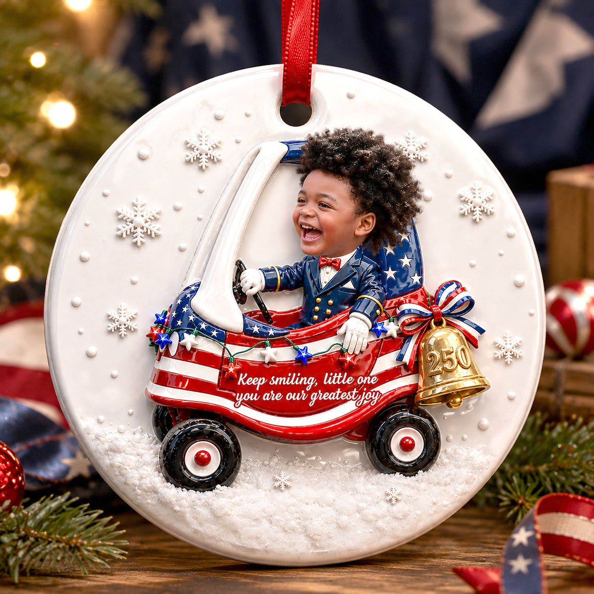 Custom Cute Face Baby First Christmas 250th Anniversary Ornament - Real 3D Raised Ornament
