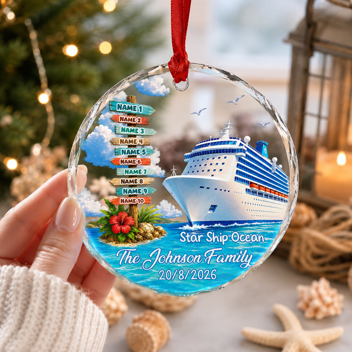 Voice of the Sea Family Cruise Christmas Glass Ornament - Personalizd Travel Gifts