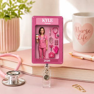 Custom Nurse ID Holder Pink Nurse Gift Healthcare Worker Gift - Personalized Nurse Badge Reel