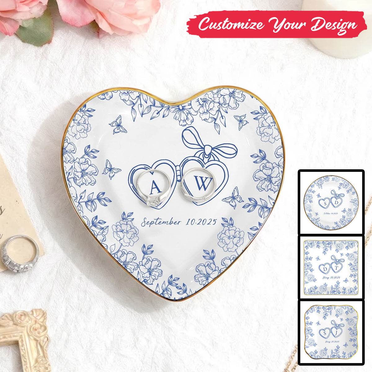 Personalized Ceramic Locked Ring Dish, Toile De Jouy, Wedding Gift