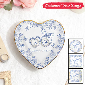 Personalized Ceramic Locked Ring Dish, Toile De Jouy, Wedding Gift
