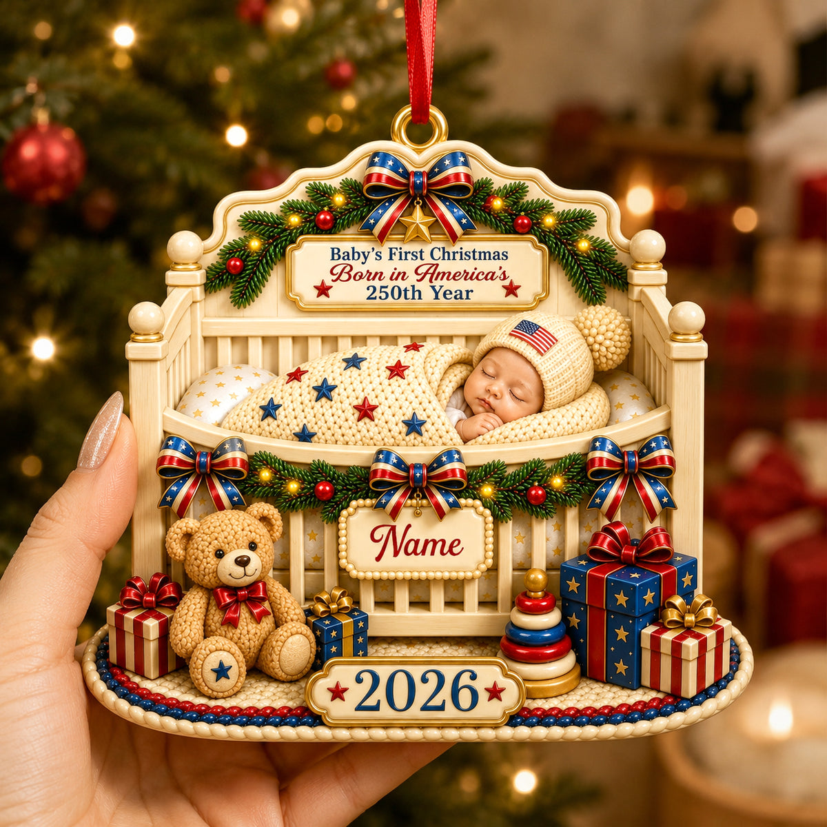Custom First Christmas 3D Ornament - Personalized America 250th Anniversary Christmas Gifts For New Moms, New Dads, New Parents - Wrapped In Love And Freedom