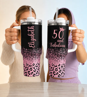 Fifty & Fabulous - 50th Birthday Gift for Women, Mom - 40oz Tumbler with Handle - Tumbler Cup Gifts