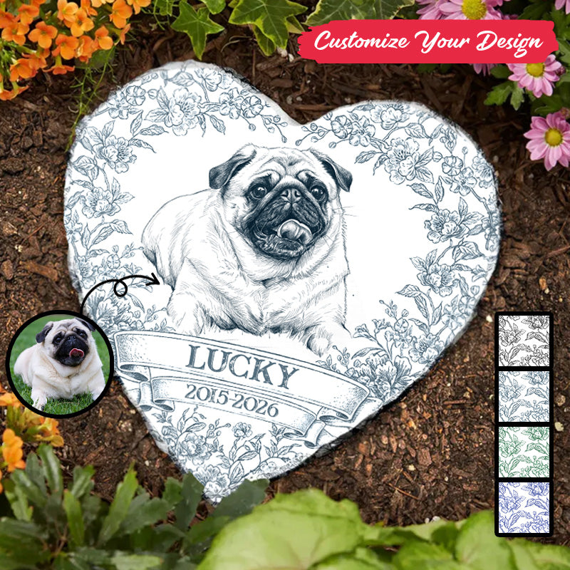 Custom Photo Pencil Sketch Forever Loved Dog Cat Portrait - Personalized Heart Memorial Garden Stone