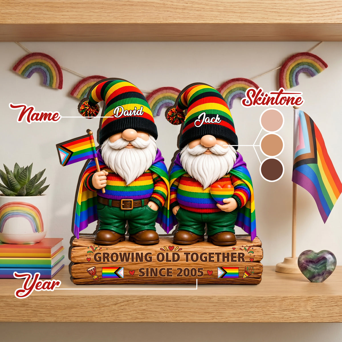 Growing Old Together Since Gnome Couple - Personalized Wooden Block For LGBT Couple