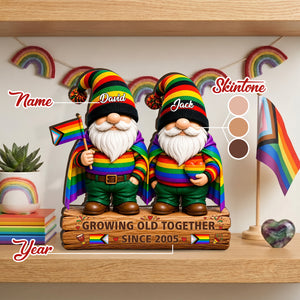 Growing Old Together Since Gnome Couple - Personalized Wooden Block For LGBT Couple