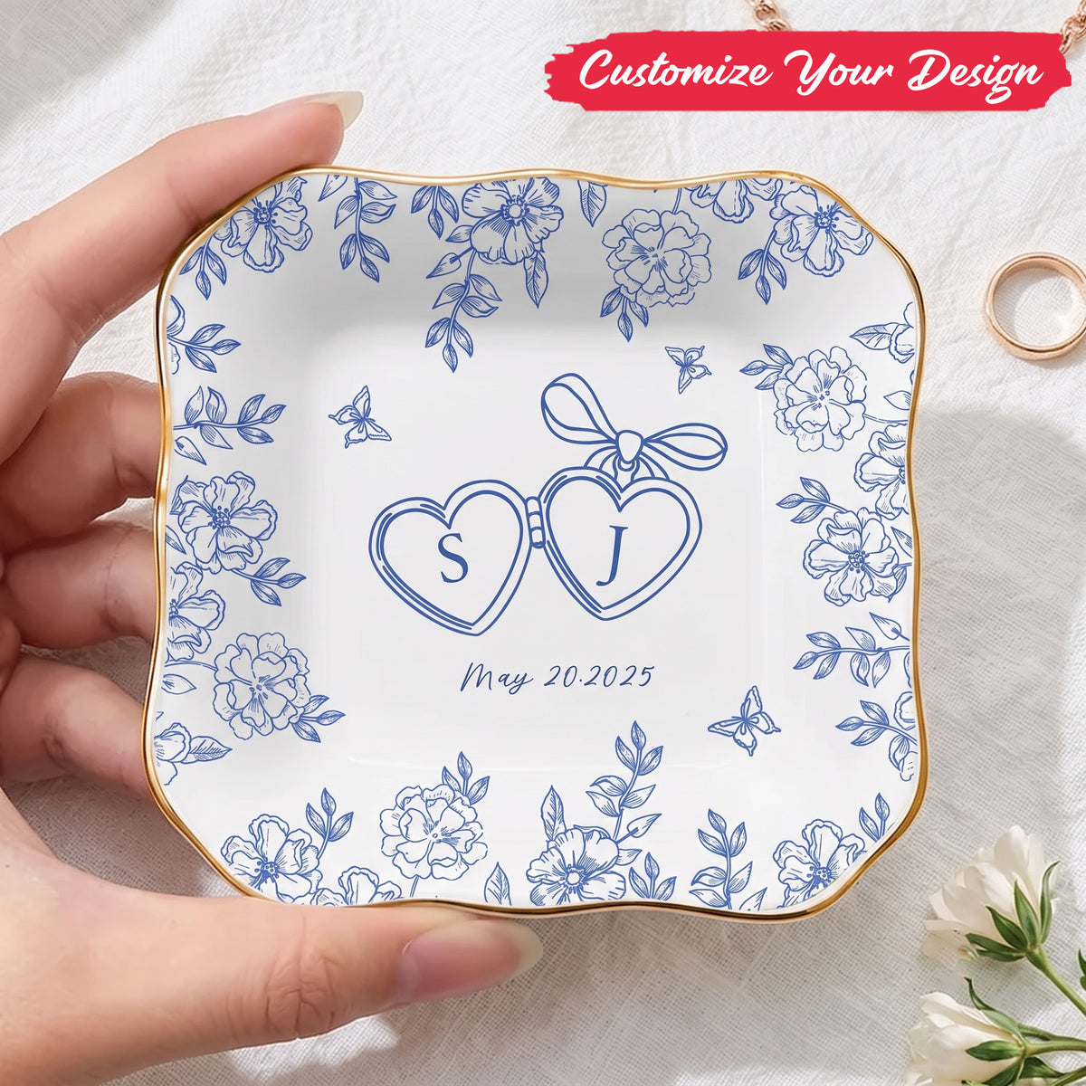 Personalized Ceramic Locked Ring Dish, Toile De Jouy, Wedding Gift