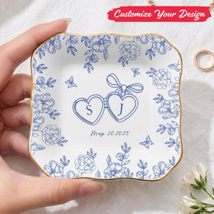 Personalized Ceramic Locked Ring Dish, Toile De Jouy, Wedding Gift