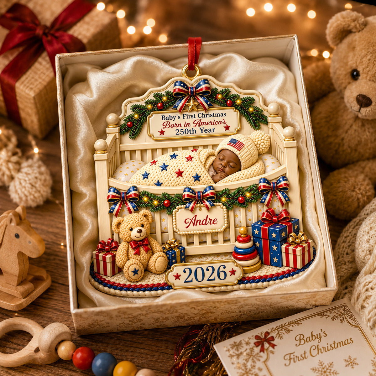 Custom First Christmas 3D Ornament - Personalized America 250th Anniversary Christmas Gifts For New Moms, New Dads, New Parents - Wrapped In Love And Freedom