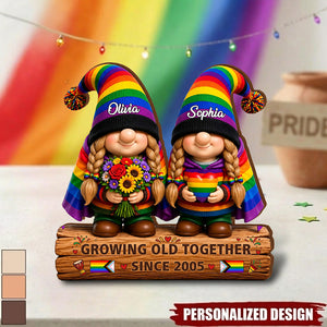 Growing Old Together Since Gnome Couple - Personalized Wooden Block For LGBT Couple