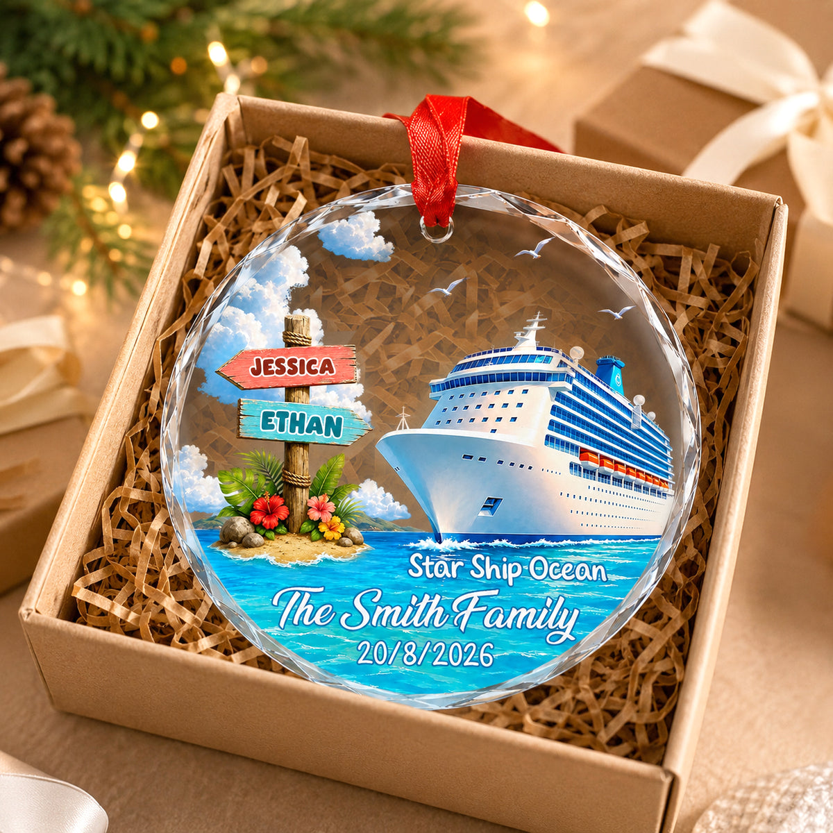 Voice of the Sea Family Cruise Christmas Glass Ornament - Personalizd Travel Gifts