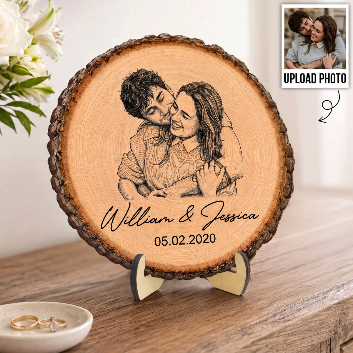 Sketch Style Couple Forever Love Custom Photo - Personalized Wooden Plaque - Anniversary Gift, Wedding Gift For Couple