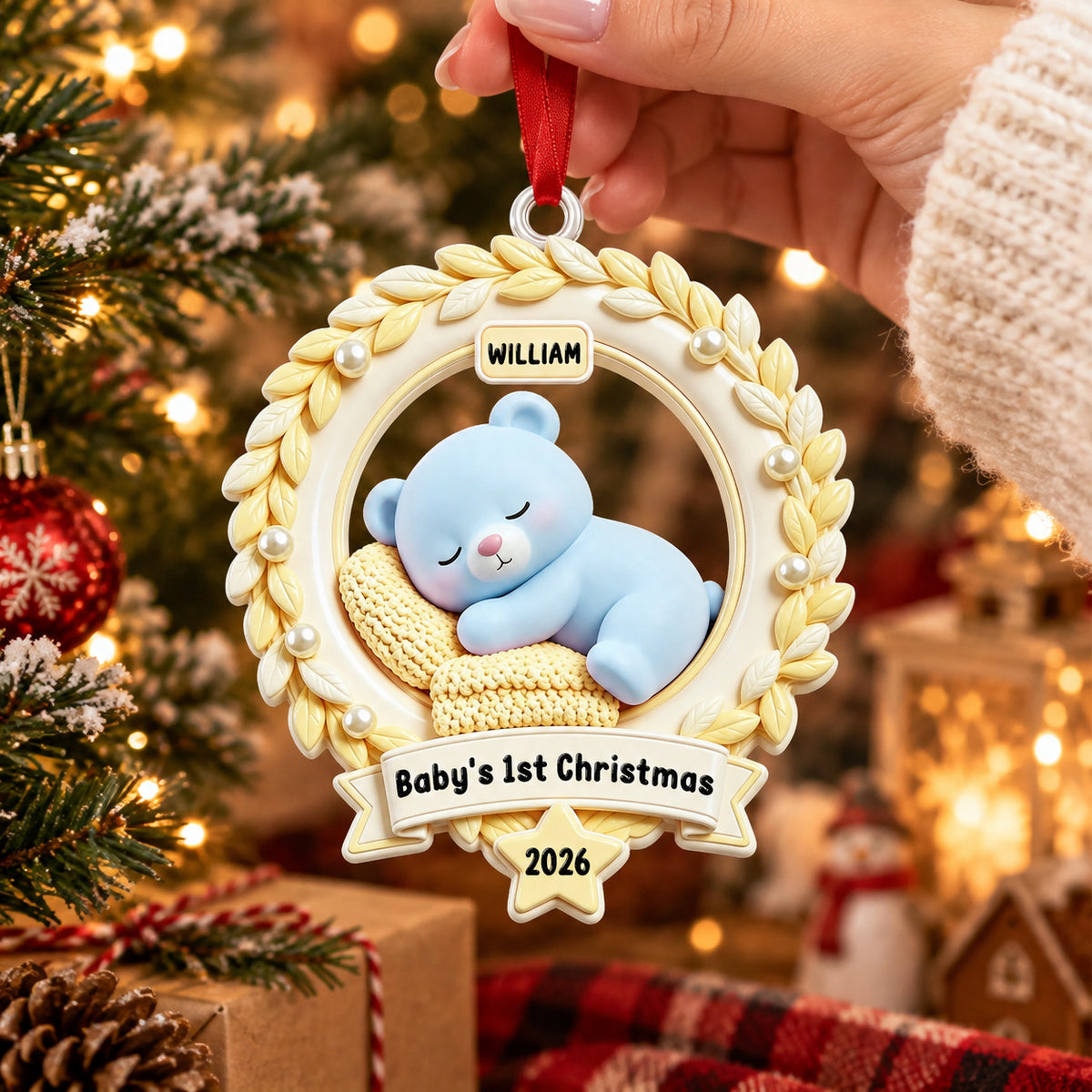 Baby’s First Christmas Teddy Wreath Ornament - Real 3D Raised Ornament