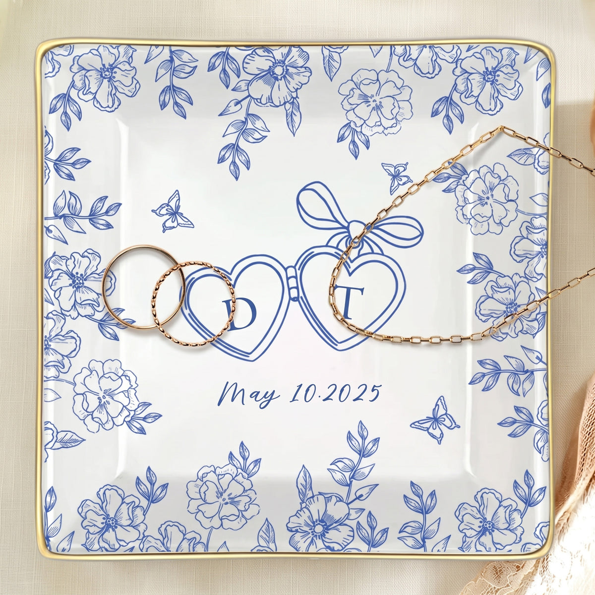 Personalized Ceramic Locked Ring Dish, Toile De Jouy, Wedding Gift