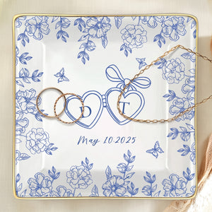 Personalized Ceramic Locked Ring Dish, Toile De Jouy, Wedding Gift
