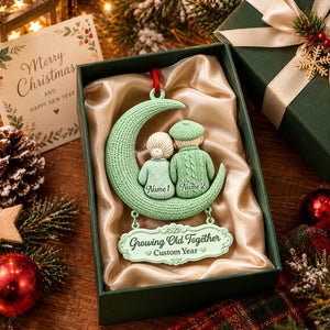 Growing Old Together Couple On Moon Wooden Ornament - Personalized Ornaments
