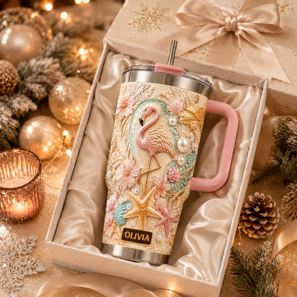 Coastal Love Flamingo Pink Beach Bliss - Personalized 40oz Stainless Steel Tumbler