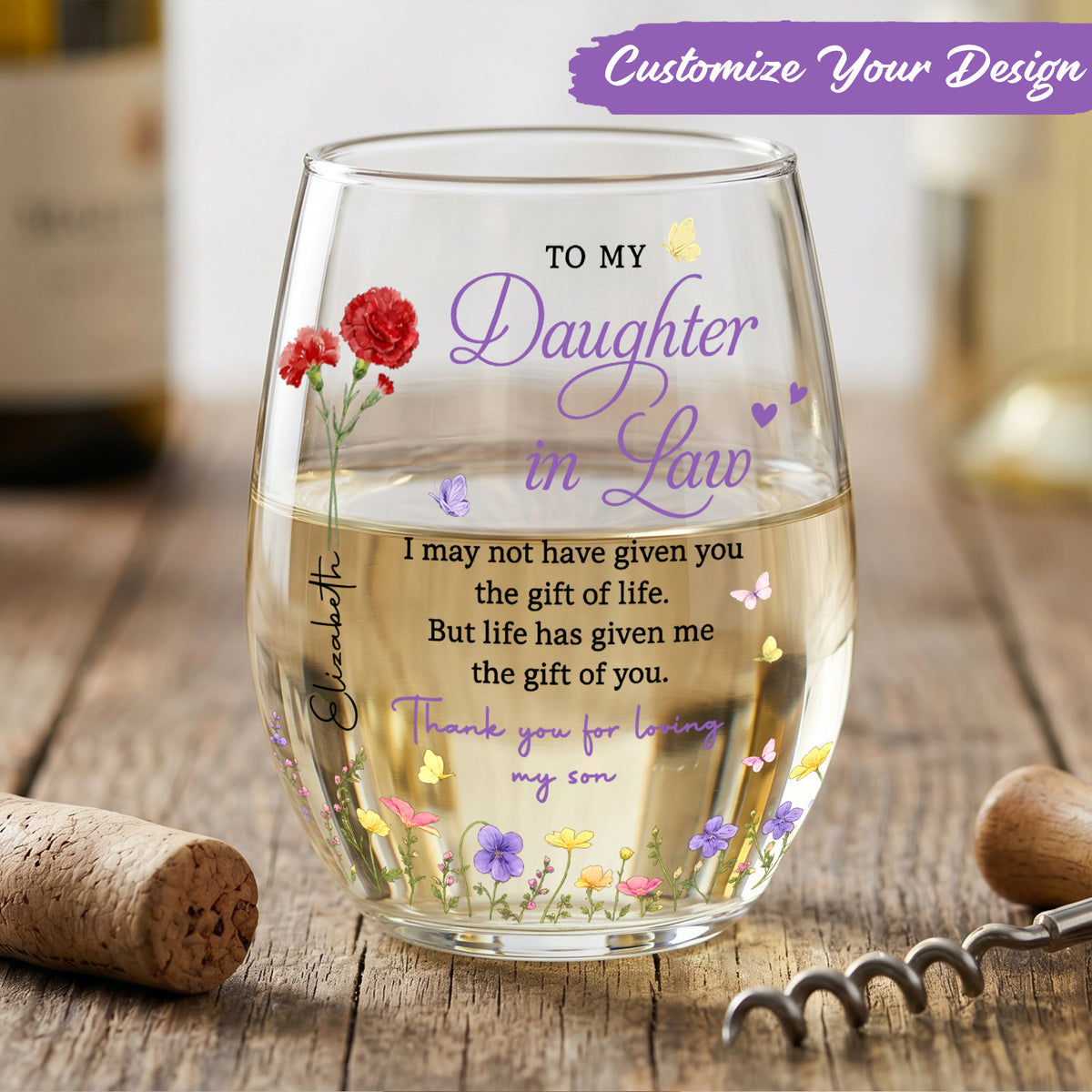 To My Daughter-in-Law Gift, Stemless Wine Glass, Personalized Flower Gift