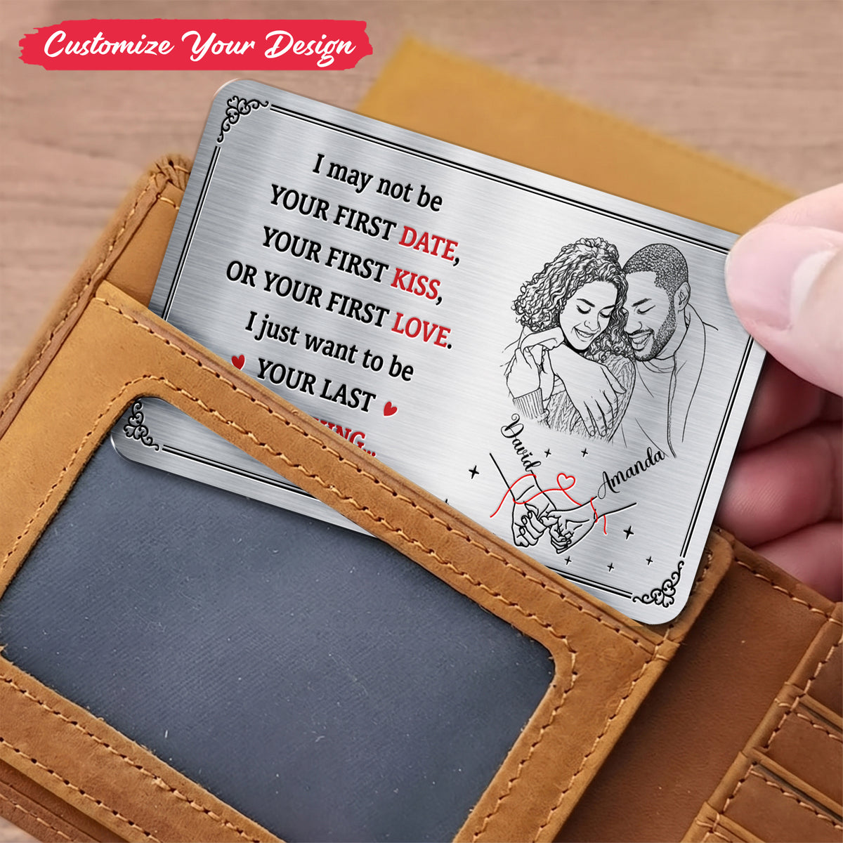 Custom Photo Pencil Sketch Couple Holding Hands I Want To Be Your Last Everything - Personalized Aluminum Wallet Card