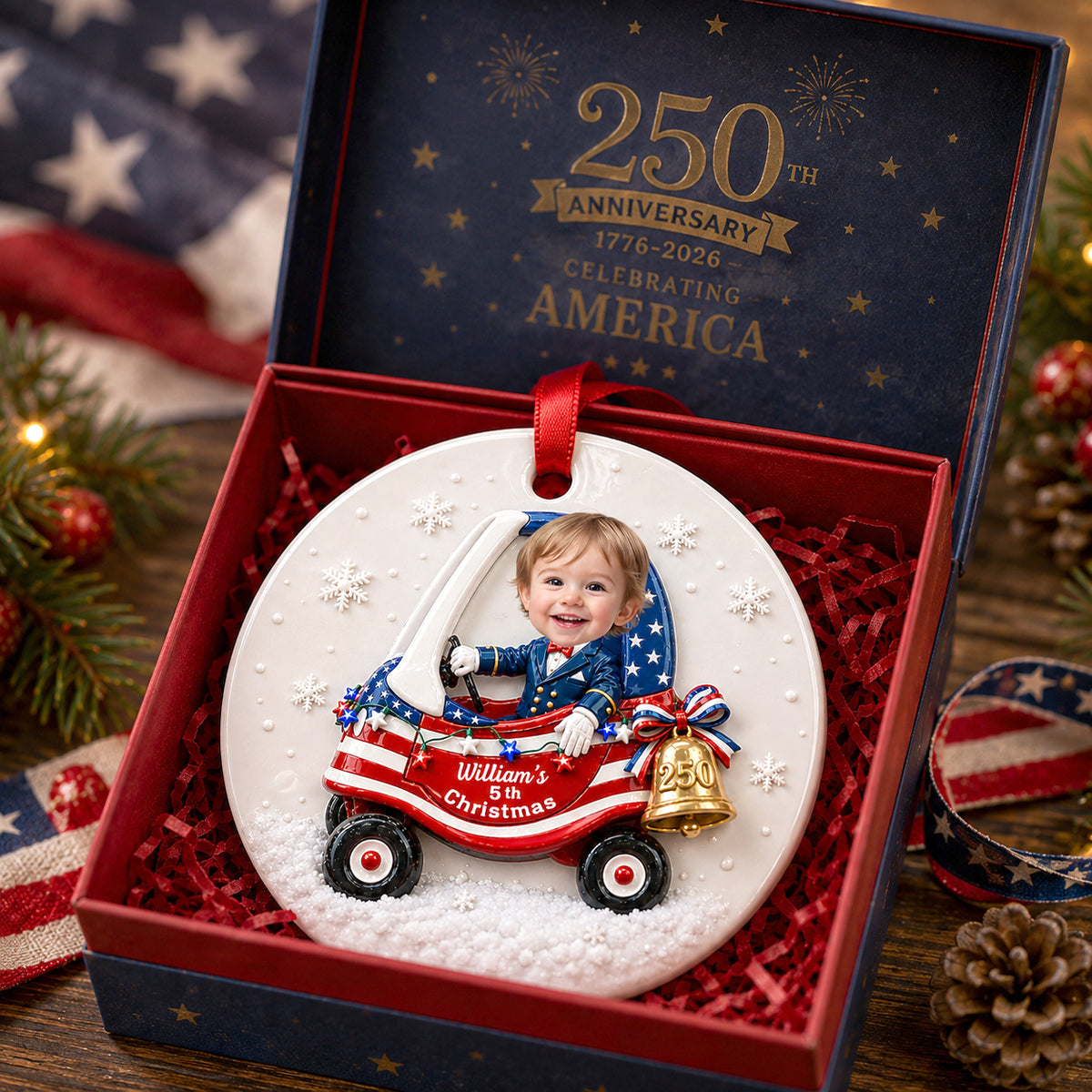 Custom Cute Face Baby First Christmas 250th Anniversary Ornament - Real 3D Raised Ornament