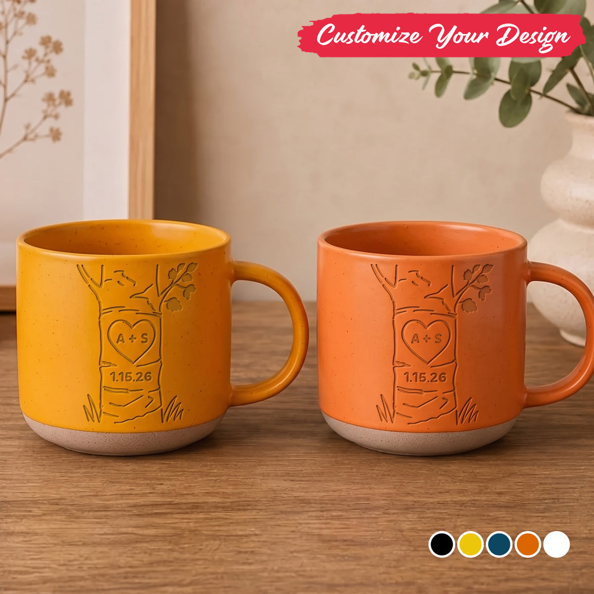 Personalized Engraved Couple Pottery Mug - Wedding Gift, Custom Heart Tree Couple Mug