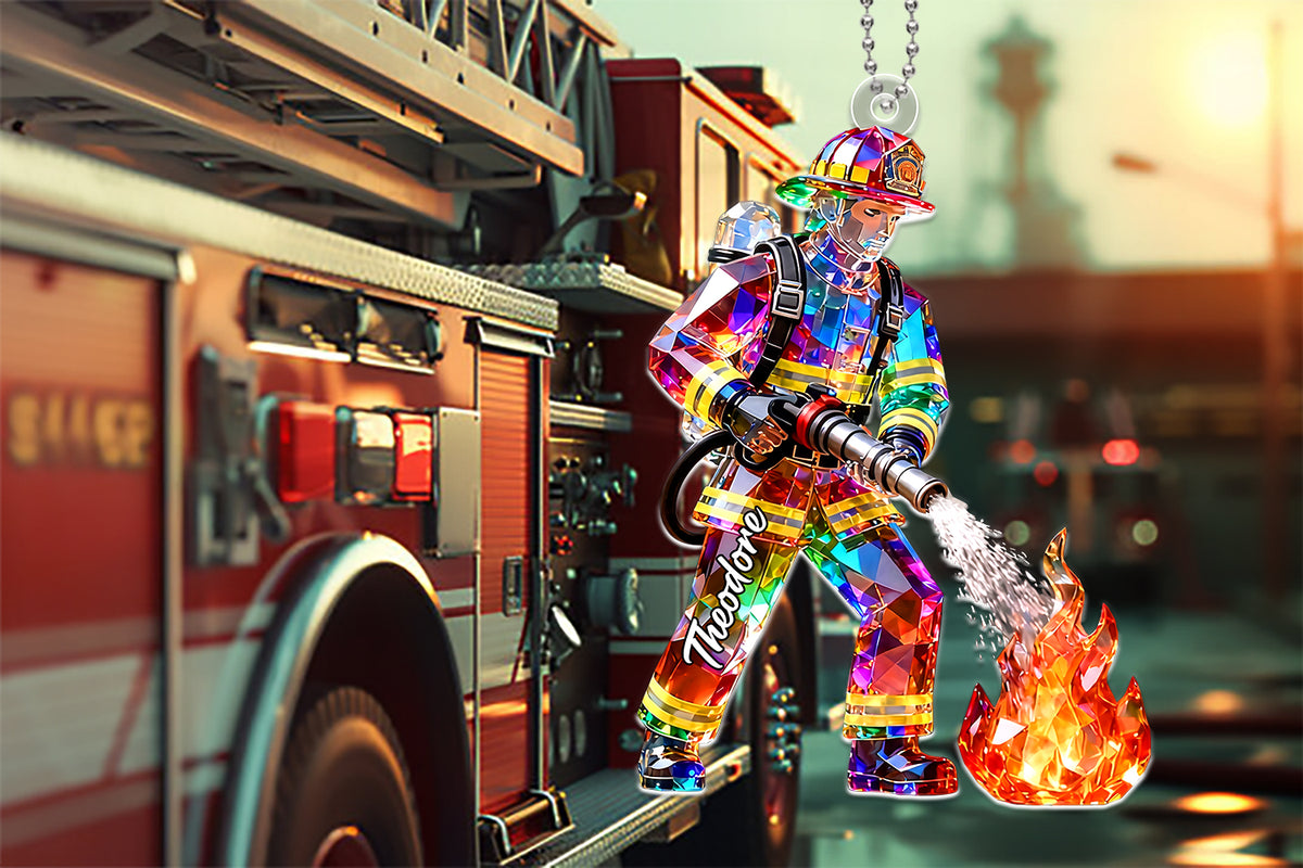 Firefighter Figurine Stained Glass Crystal Effect - Personalized Car Hanger