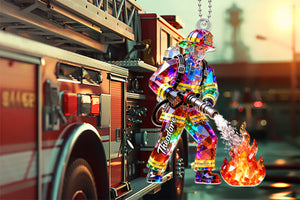 Firefighter Figurine Stained Glass Crystal Effect - Personalized Car Hanger