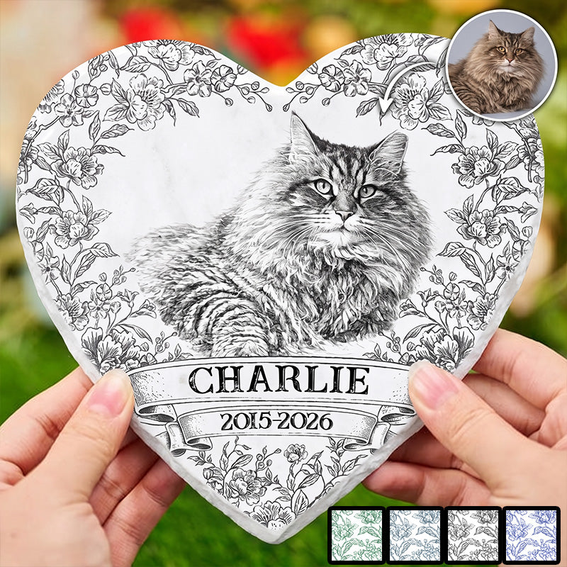 Custom Photo Pencil Sketch Forever Loved Dog Cat Portrait - Personalized Heart Memorial Garden Stone