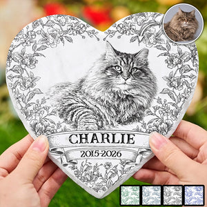 Custom Photo Pencil Sketch Forever Loved Dog Cat Portrait - Personalized Heart Memorial Garden Stone