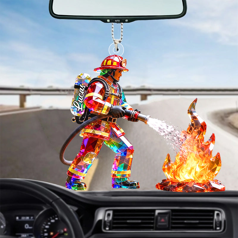 Firefighter Figurine Stained Glass Crystal Effect - Personalized Car Hanger