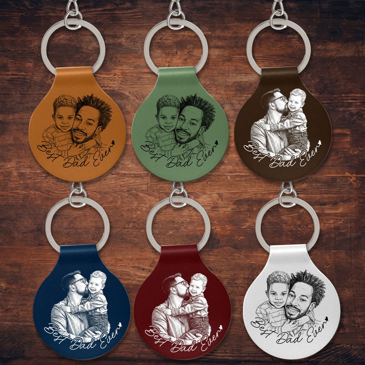 Custom Photo Pencil Sketch Best Dad Ever - Personalized Custom Shaped Leather Keychain