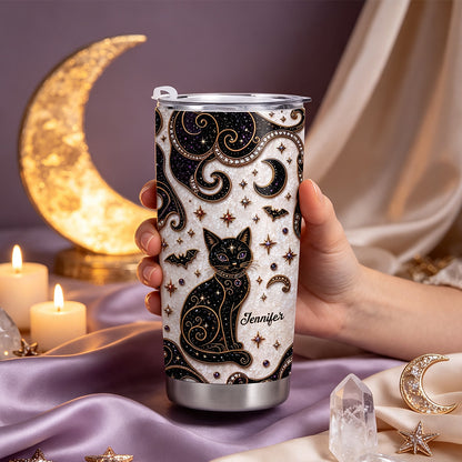 Mystical Black Cat Personalized Tumbler - Custom Faux Pearl Mosaic Gothic Travel Mug