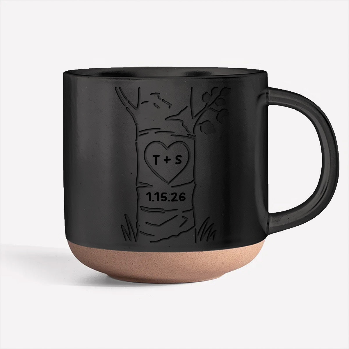 Personalized Engraved Couple Pottery Mug - Wedding Gift, Custom Heart Tree Couple Mug