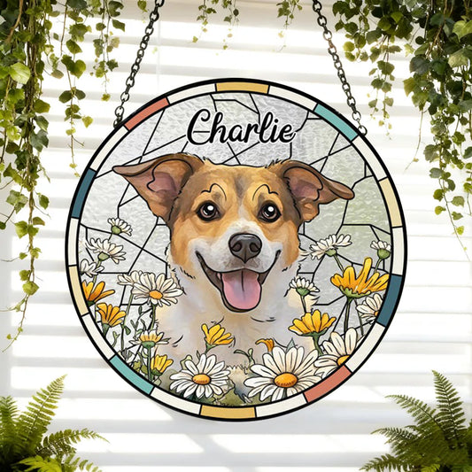 Custom Pet Stained Glass Suncatcher, Personalized Dog Memorial Portrait Suncatcher, Dog Cat Loss Glass Suncatcher, Pet Memorial Gift