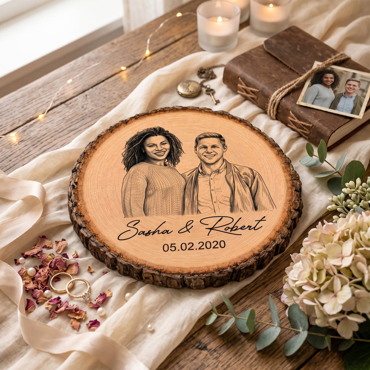 Sketch Style Couple Forever Love Custom Photo - Personalized Wooden Plaque - Anniversary Gift, Wedding Gift For Couple