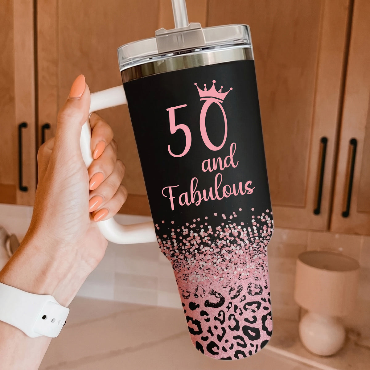 Fifty & Fabulous - 50th Birthday Gift for Women, Mom - 40oz Tumbler with Handle - Tumbler Cup Gifts