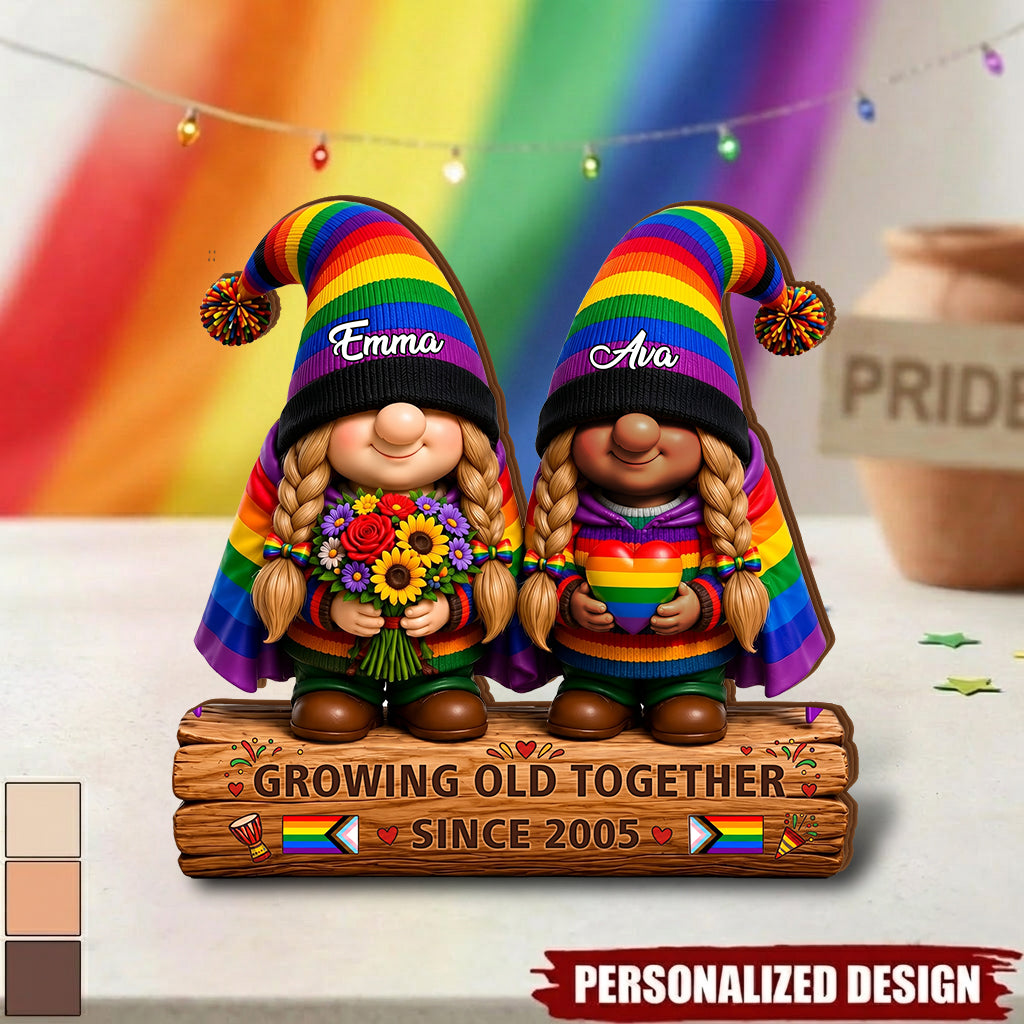 Growing Old Together Since Gnome Couple - Personalized Wooden Block For LGBT Couple
