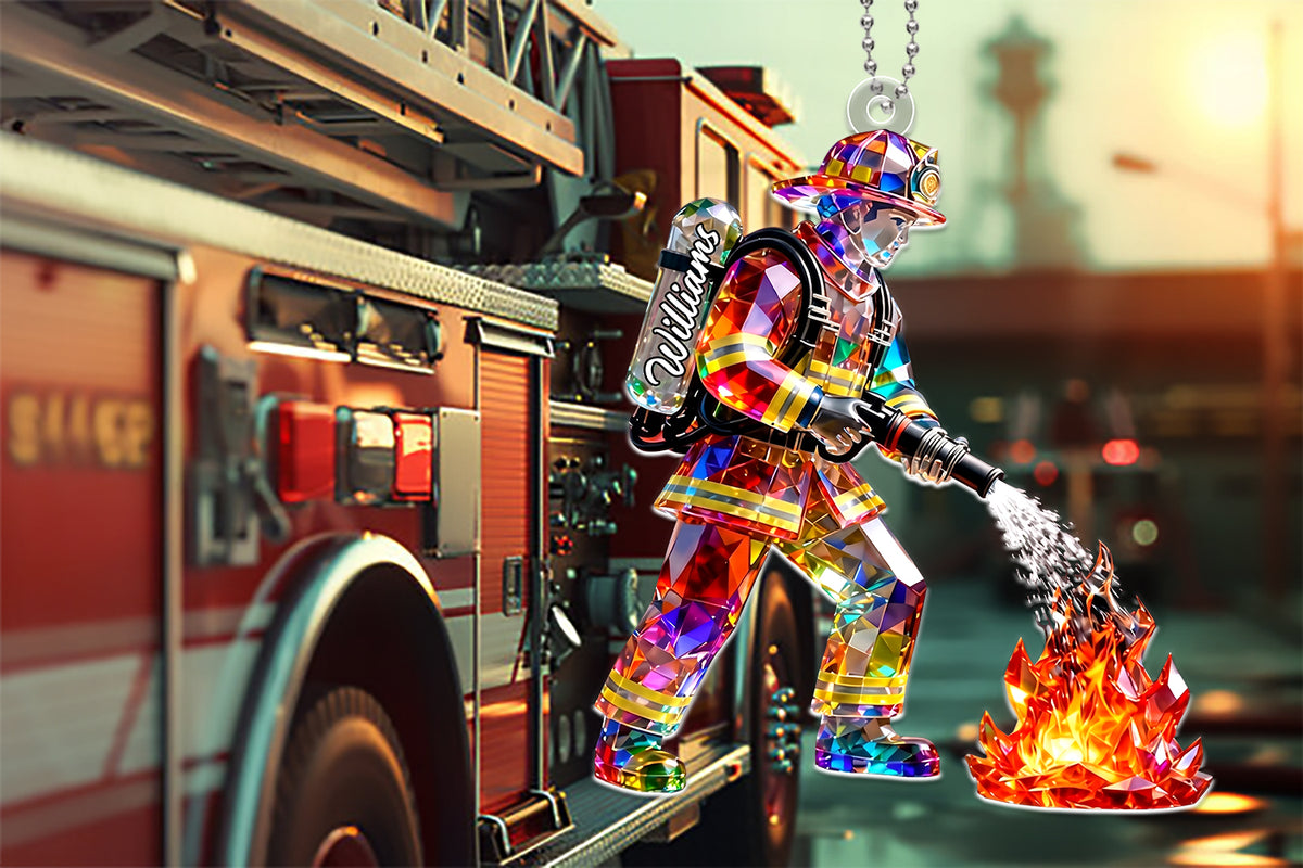 Firefighter Figurine Stained Glass Crystal Effect - Personalized Car Hanger