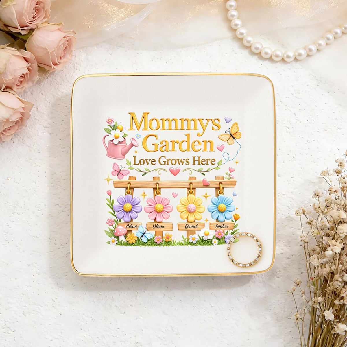 Personalized Mom Jewelry Dish, Custom Kids Names Ceramic Ring Dish, Mother's Day Gift, Jewelry Tray Gift for Mom, Gift from Daughter, Son