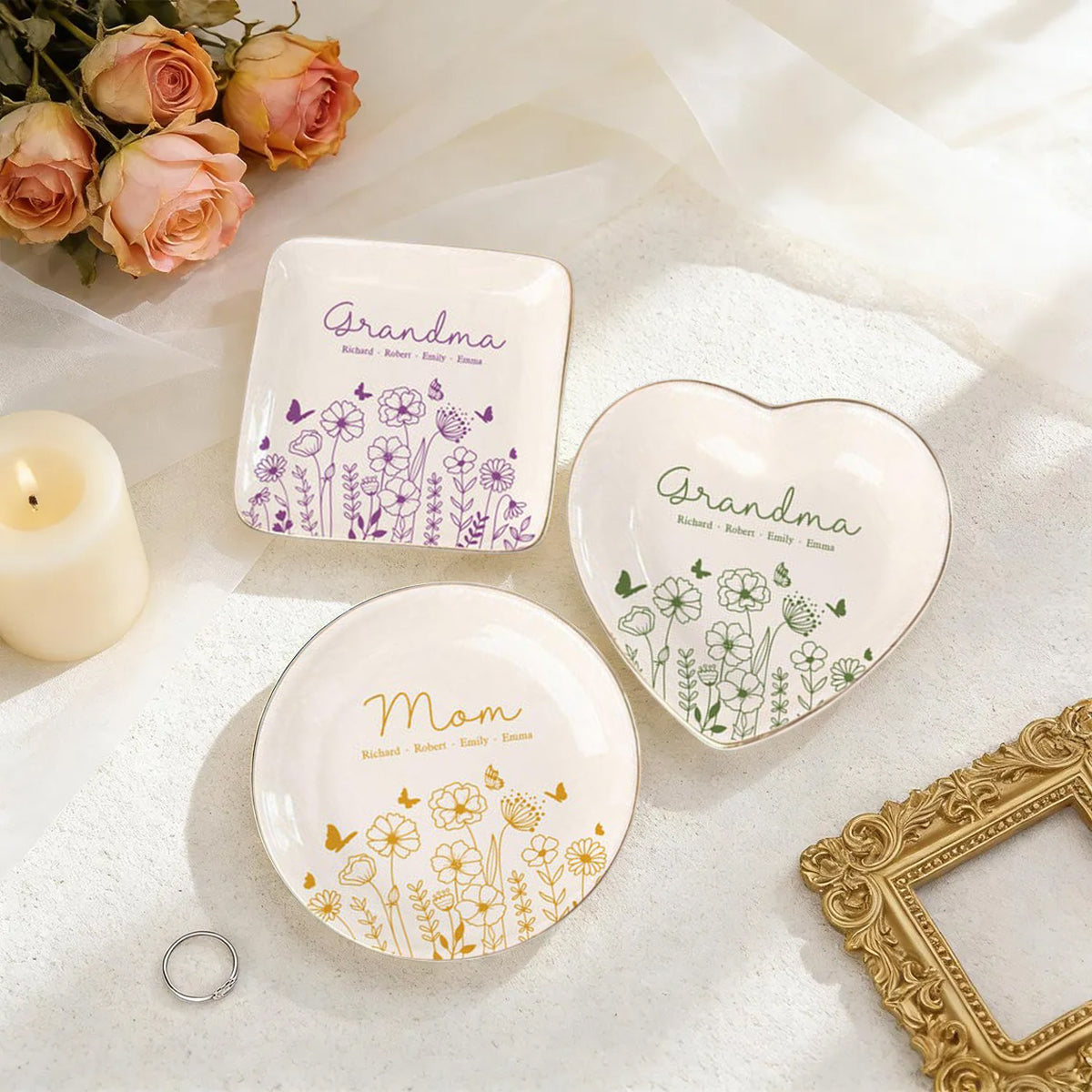 Personalized Grandma Flower Jewelry Dish, Custom Mom Name Trinket Tray, Mother Day Ceramic Gift