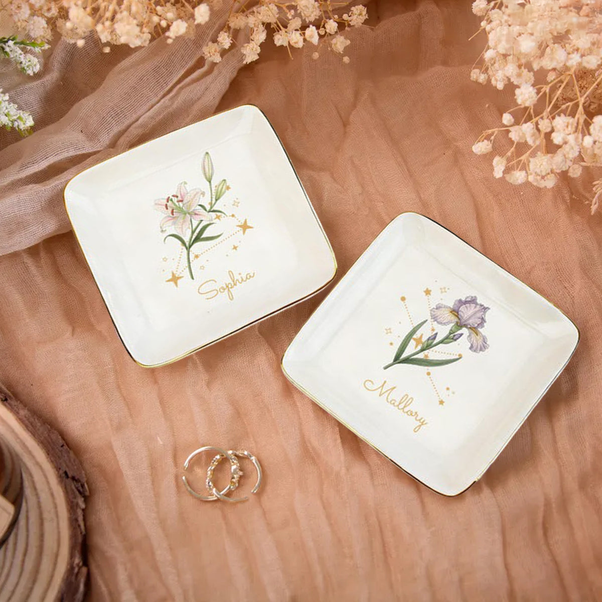 Personalized Birth Flower Zodiac Sign Ring Dish, Constellation Jewelry Dish, Birthday Gift for Best Friend, Wedding Bridemaid Party Favors