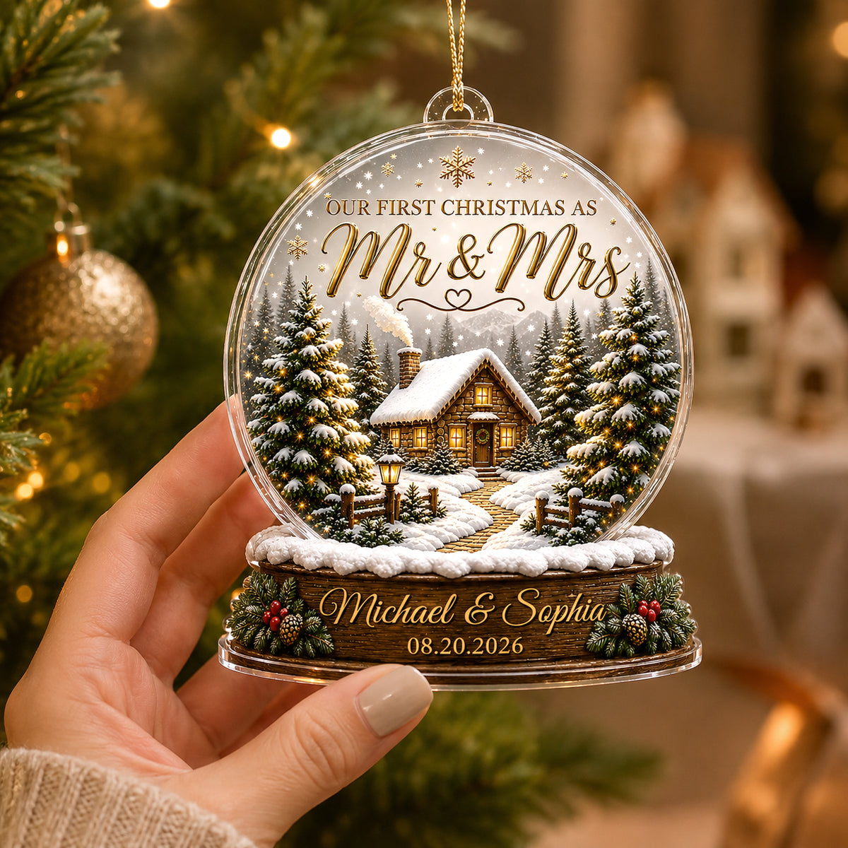 First Christmas Married - Personalized Acrylic Ornament - Custom Mr and Mrs Keepsake, Winter Cabin Ornament, Newlywed Gift