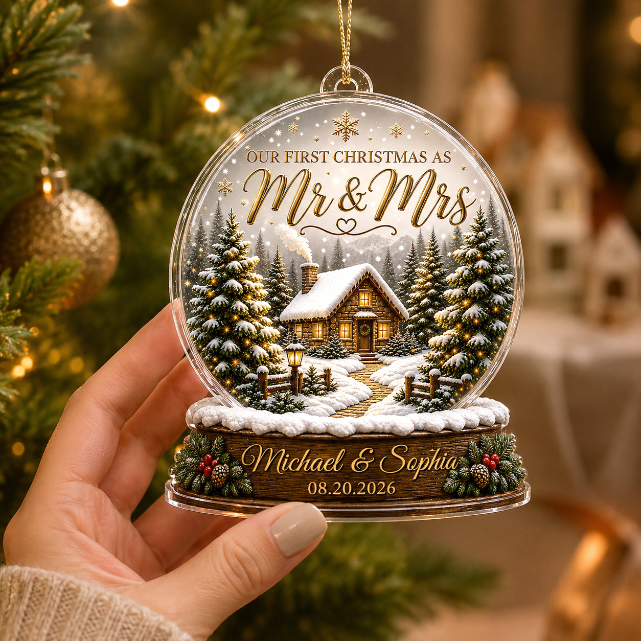 First Christmas Married - Personalized Acrylic Ornament - Custom Mr and Mrs Keepsake, Winter Cabin Ornament, Newlywed Gift