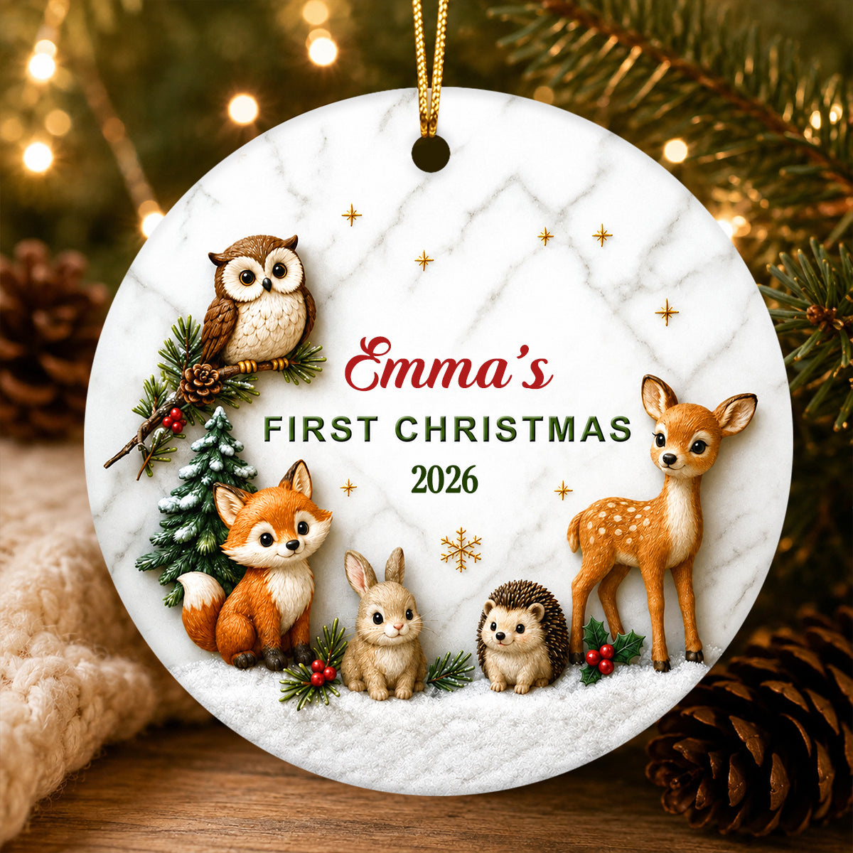 Baby First Christmas Woodland Animals - Personalized Ceramic Ornament - Christmas Keepsake