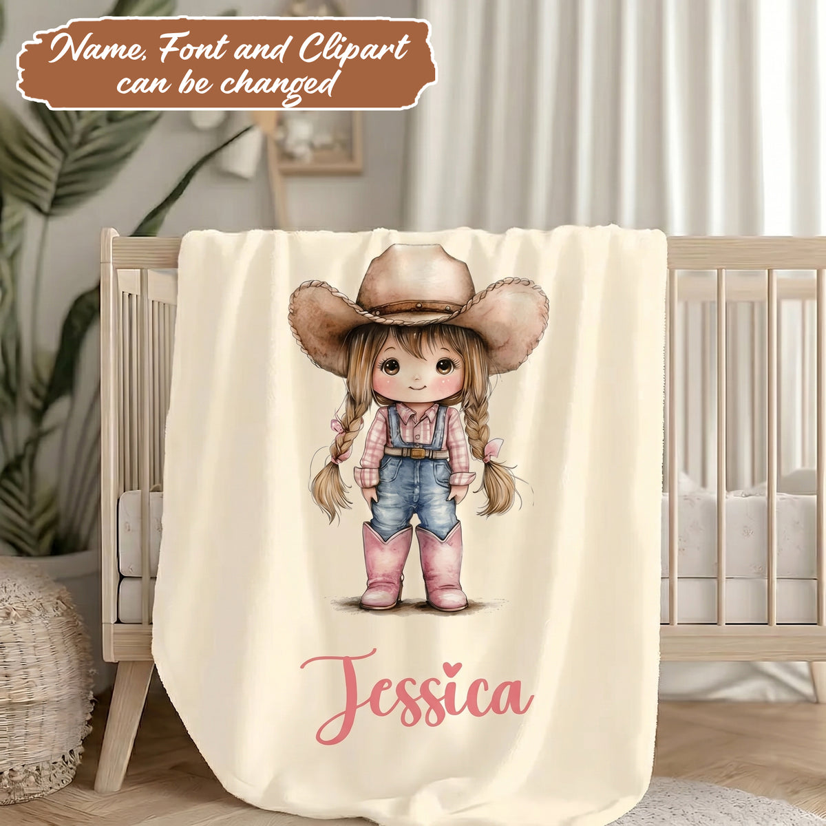 Cowgirl Blanket with Name - Home Decor Birthday Gift for Kids Cowboy Style Lovers