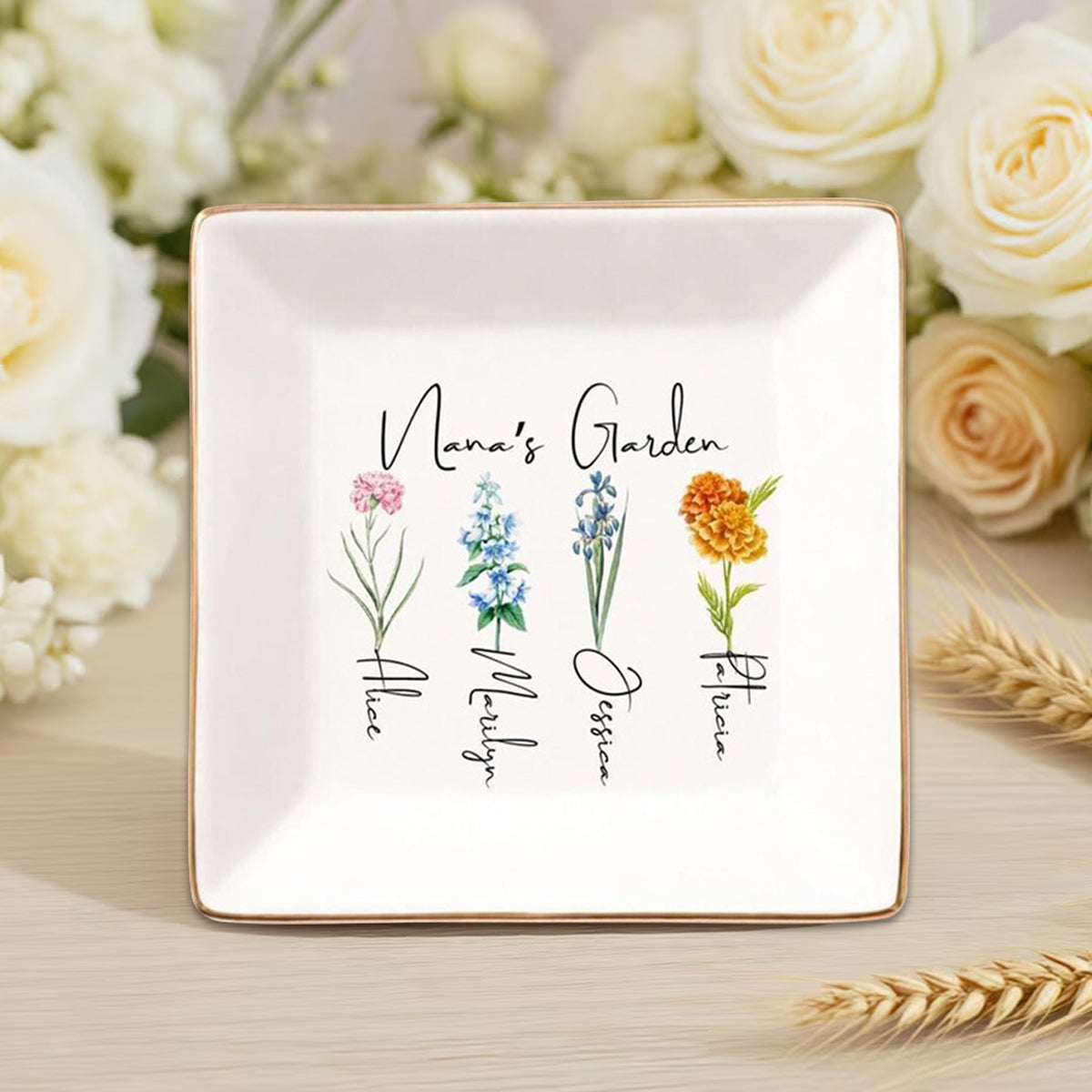 Personalised Birth Flower Ring Dish, Gifts for Grandma Nana Mom, Bridesmaid Gift,Custom Birth Flower Trinket Dish,Birthday Jewelry Dish