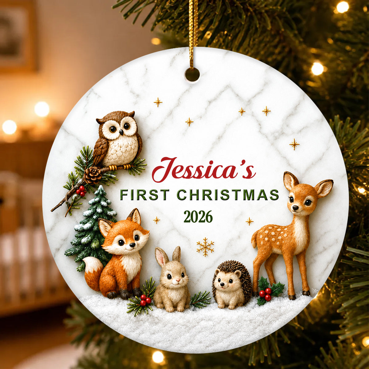 Baby First Christmas Woodland Animals - Personalized Ceramic Ornament - Christmas Keepsake