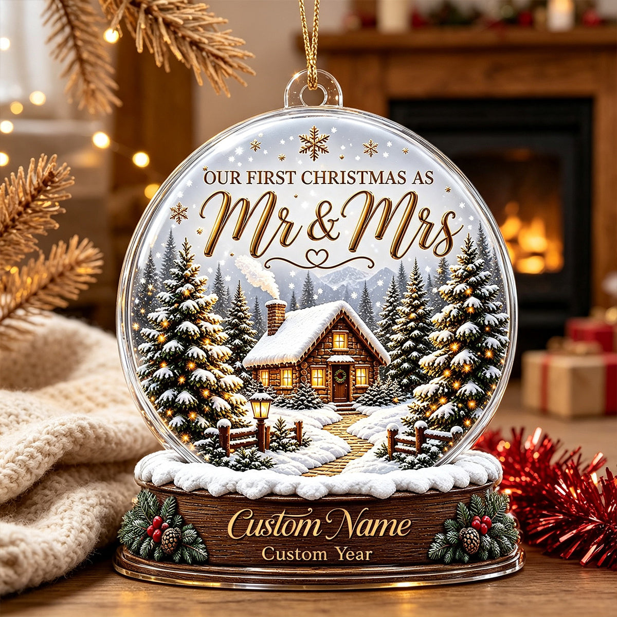 First Christmas Married - Personalized Acrylic Ornament - Custom Mr and Mrs Keepsake, Winter Cabin Ornament, Newlywed Gift